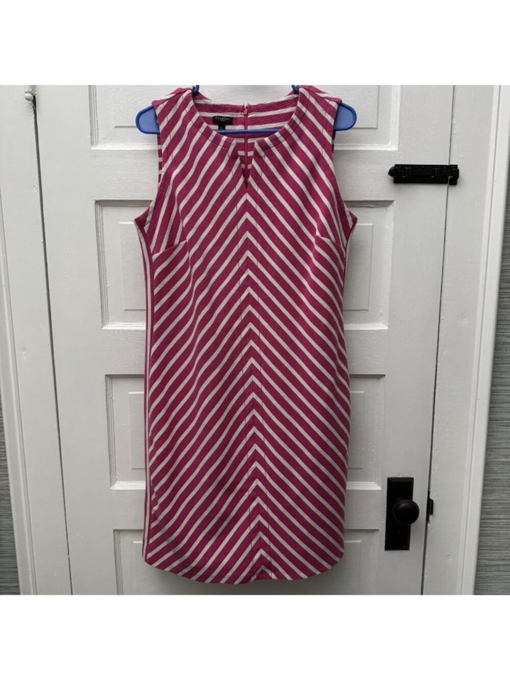 Talbots Petite Large Pink White Cotton Striped Shift Dress Sleeveless Pockets